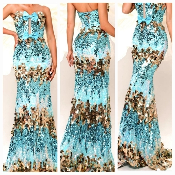 Bow Knot, Tube Top, Lace Up, Contrast Sequined Mermaid Gown for Special Events - Picture 2 of 16